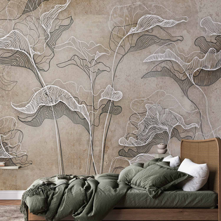 Wall Mural Drawn Nature - White Lineart Leaves Casting Shadow on the Beige Wall 146287 additionalImage 2