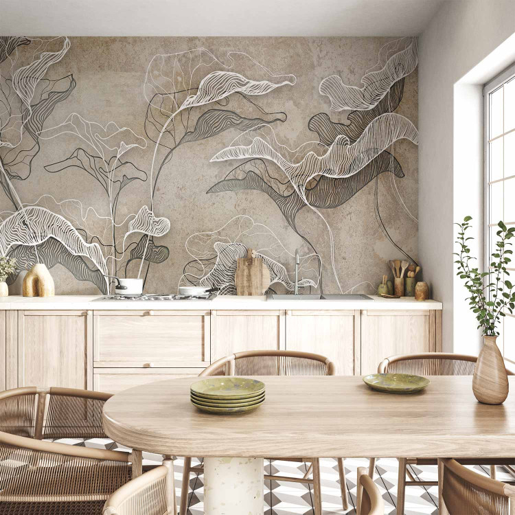Wall Mural Drawn Nature - White Lineart Leaves Casting Shadow on the Beige Wall 146287 additionalImage 6