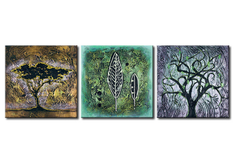 Canvas Art Print Nature (3-piece) - abstraction with trees and leaves with designs 47187