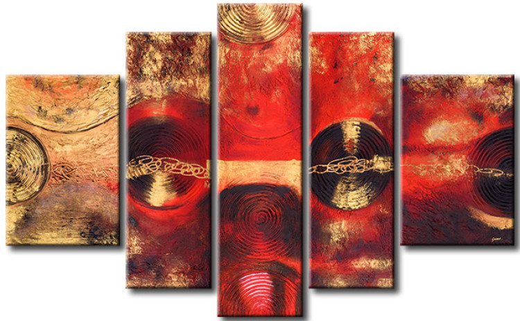 Canvas Art Print Abstraction (5-piece) - Golden fantasy with circles on a red background 47987