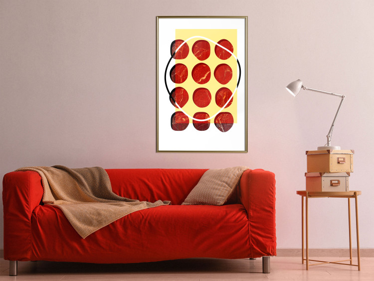 Wall Poster Twelve Steaks - unique abstraction in red circles on a yellow background 117397 additionalImage 5