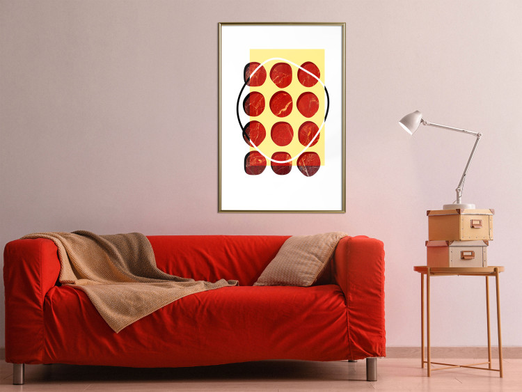 Wall Poster Twelve Steaks - unique abstraction in red circles on a yellow background 117397 additionalImage 13