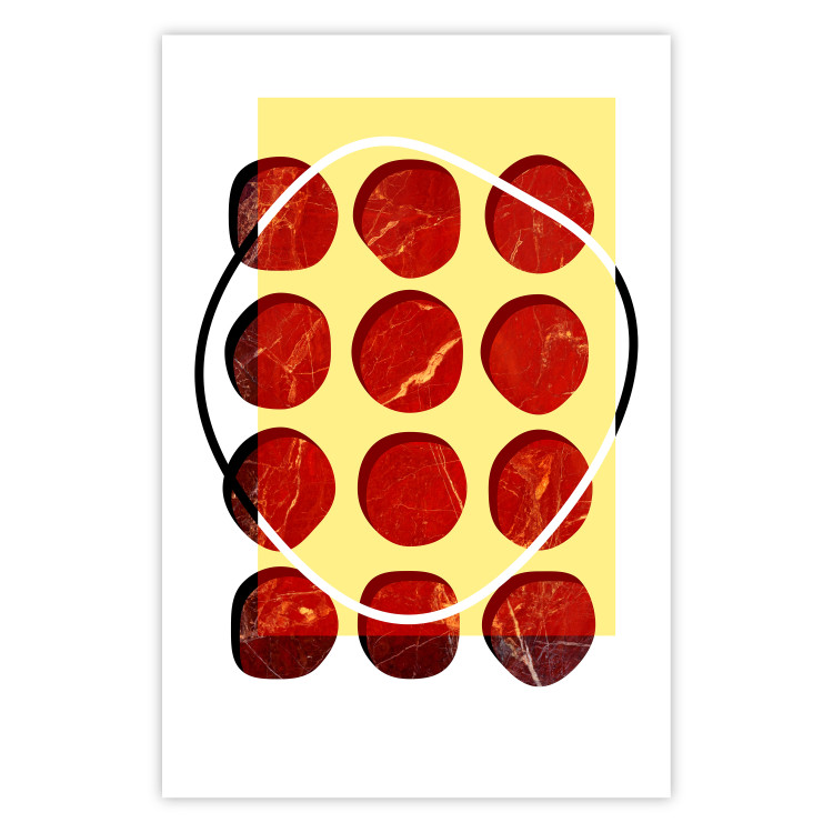 Wall Poster Twelve Steaks - unique abstraction in red circles on a yellow background 117397