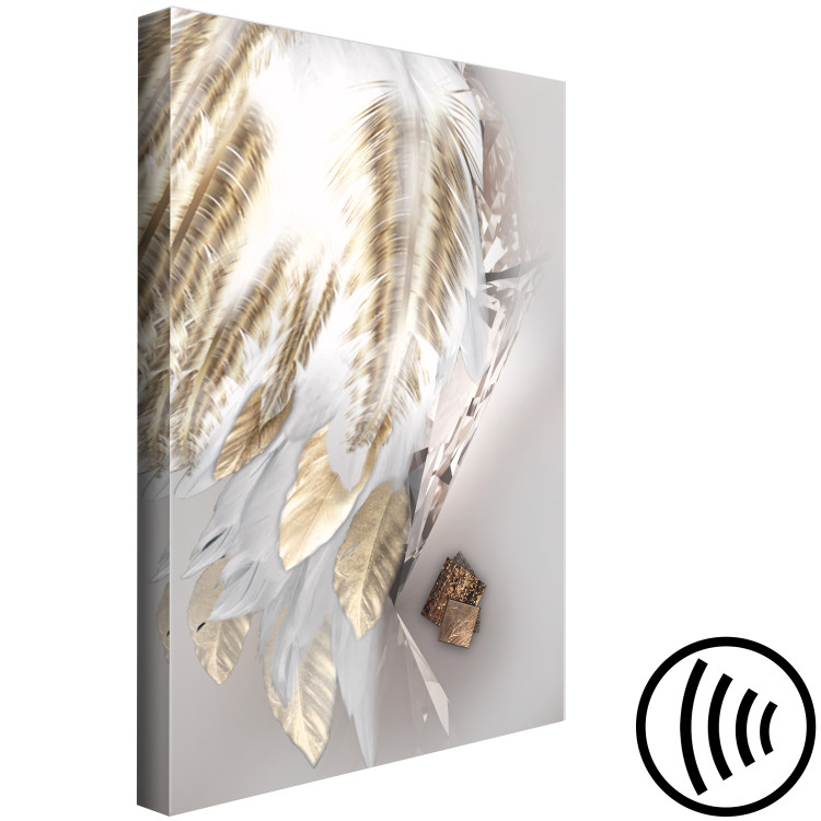 Canvas Print Fallen Angel (1-part) vertical - golden feathers on a gray background 127797 additionalImage 6