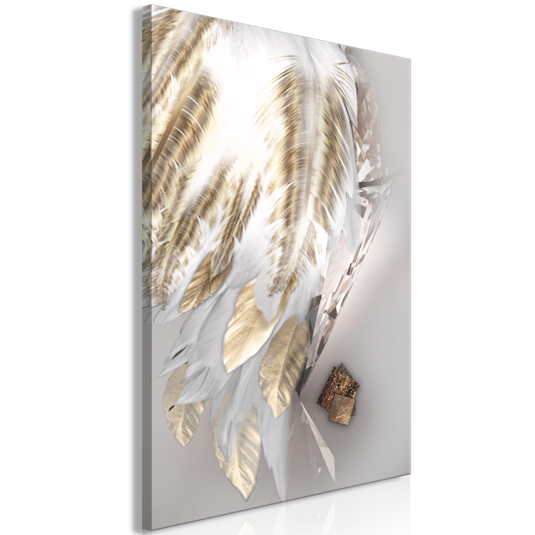 Canvas Print Fallen Angel (1-part) vertical - golden feathers on a gray background 127797 additionalImage 2