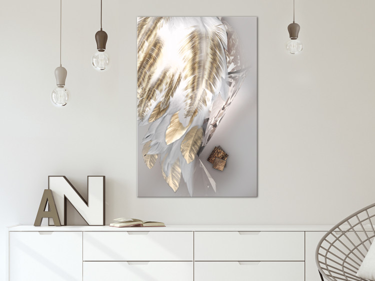 Canvas Print Fallen Angel (1-part) vertical - golden feathers on a gray background 127797 additionalImage 3