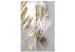 Canvas Print Fallen Angel (1-part) vertical - golden feathers on a gray background 127797
