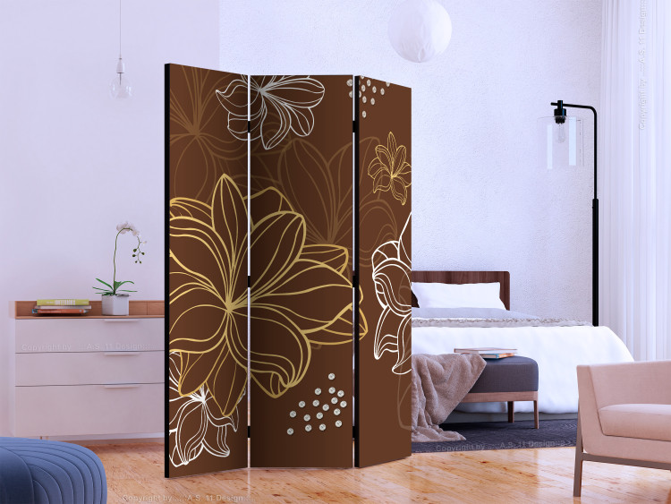 Room Separator Autumnal Flora (3-piece) - brown background and delicate flower drawings 128997 additionalImage 2