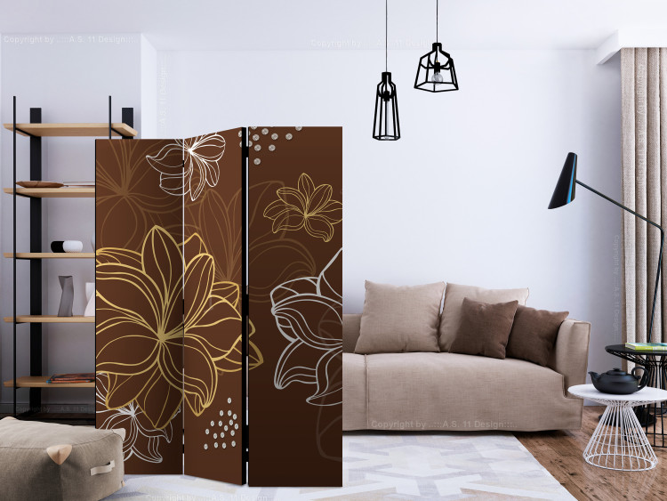 Room Separator Autumnal Flora (3-piece) - brown background and delicate flower drawings 128997 additionalImage 4