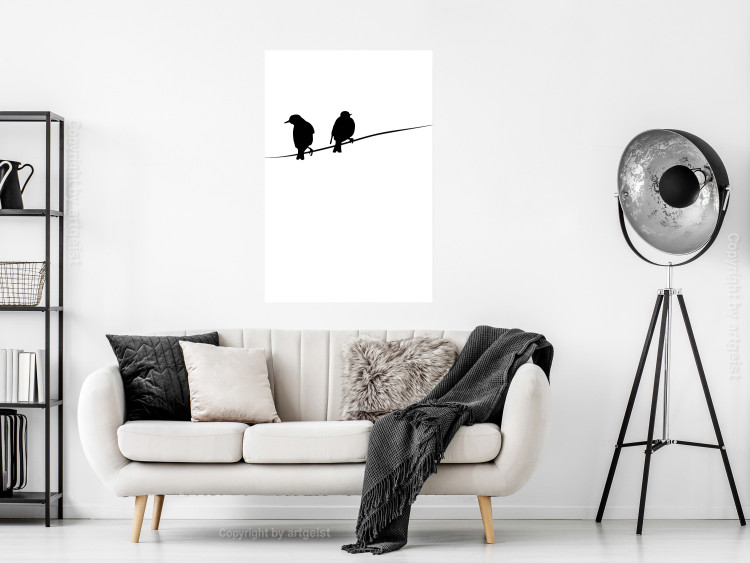 Poster Bird Chatter - birds sitting on wires on plain white background 129597 additionalImage 2