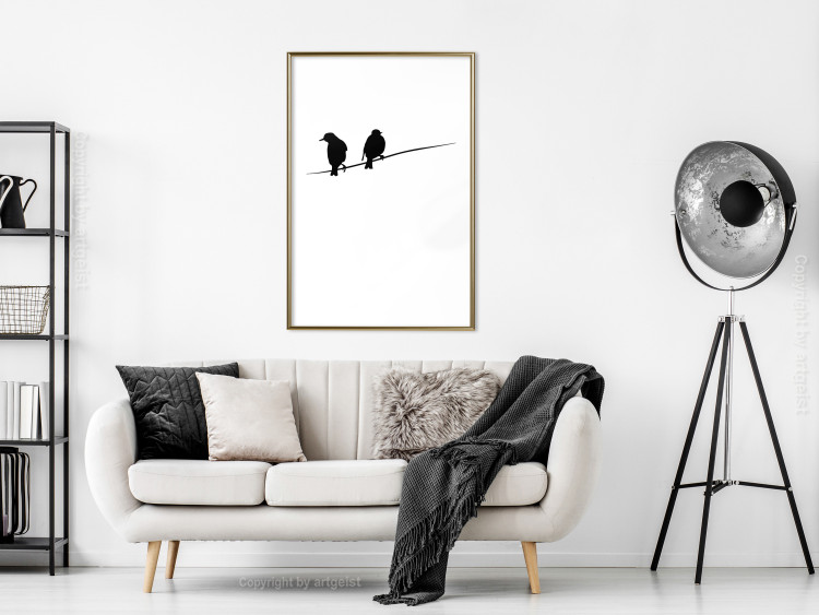 Poster Bird Chatter - birds sitting on wires on plain white background 129597 additionalImage 13