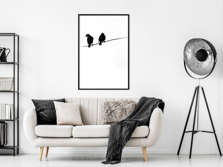 Poster Bird Chatter - birds sitting on wires on plain white background 129597 additionalImage 4
