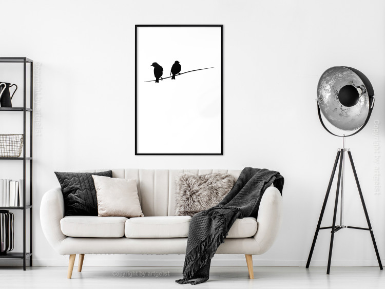 Poster Bird Chatter - birds sitting on wires on plain white background 129597 additionalImage 18