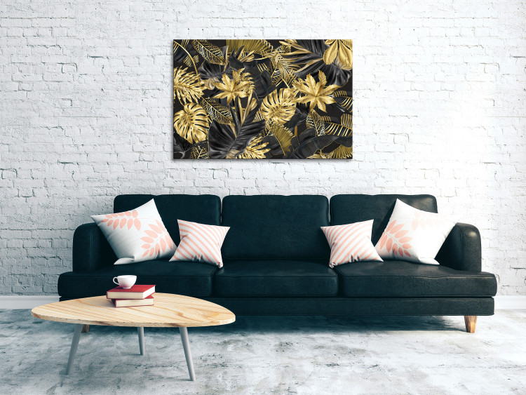 Canvas Print Golden and black tropical leaves - a landscape with a floral motif 131697 additionalImage 3
