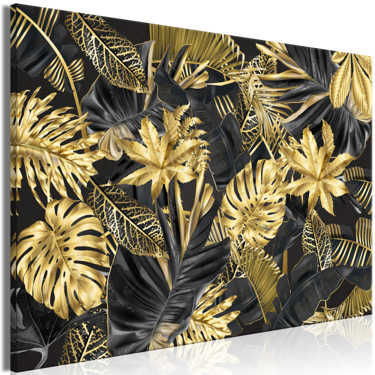 Canvas Print Golden and black tropical leaves - a landscape with a floral motif 131697 additionalImage 2