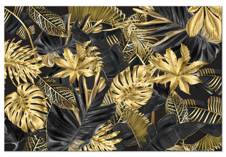 Canvas Print Golden and black tropical leaves - a landscape with a floral motif 131697