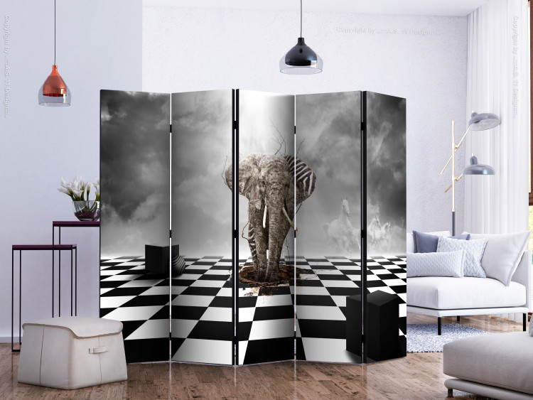 Room Separator Escape from Africa II (5-piece) - black and white fantasy with an elephant 132597 additionalImage 2