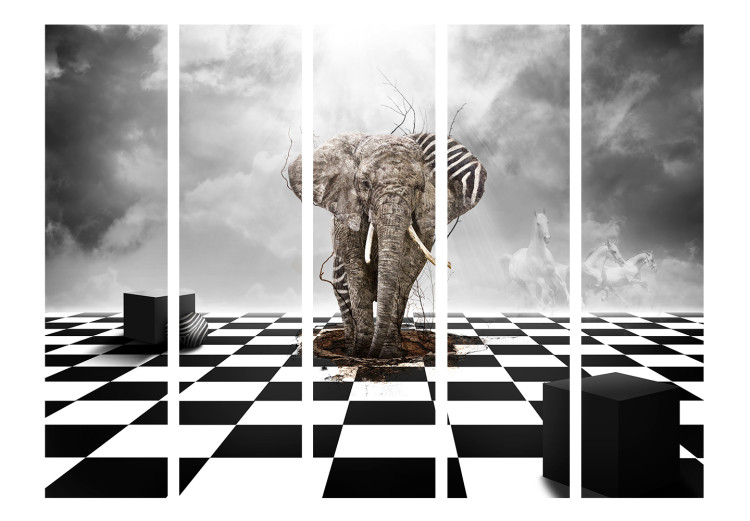 Room Separator Escape from Africa II (5-piece) - black and white fantasy with an elephant 132597 additionalImage 3