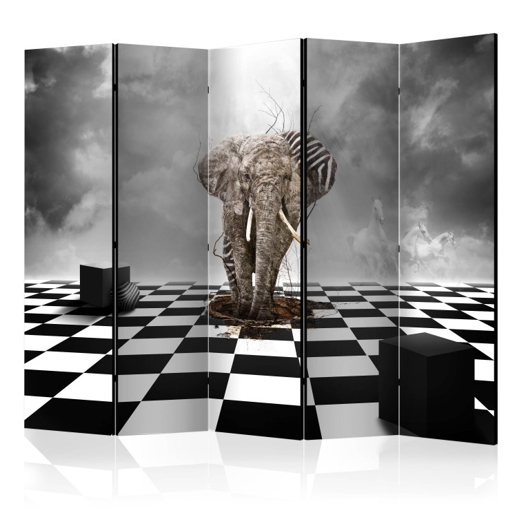 Room Separator Escape from Africa II (5-piece) - black and white fantasy with an elephant 132597
