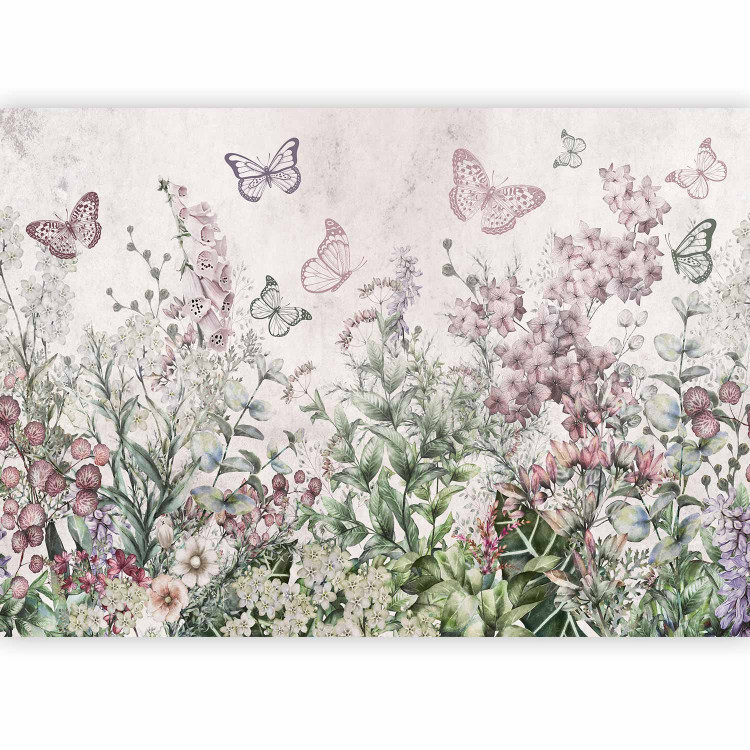 Photo Wallpaper Winged meadow - landscape with plants and butterflies in shades of pink 143497 additionalImage 1
