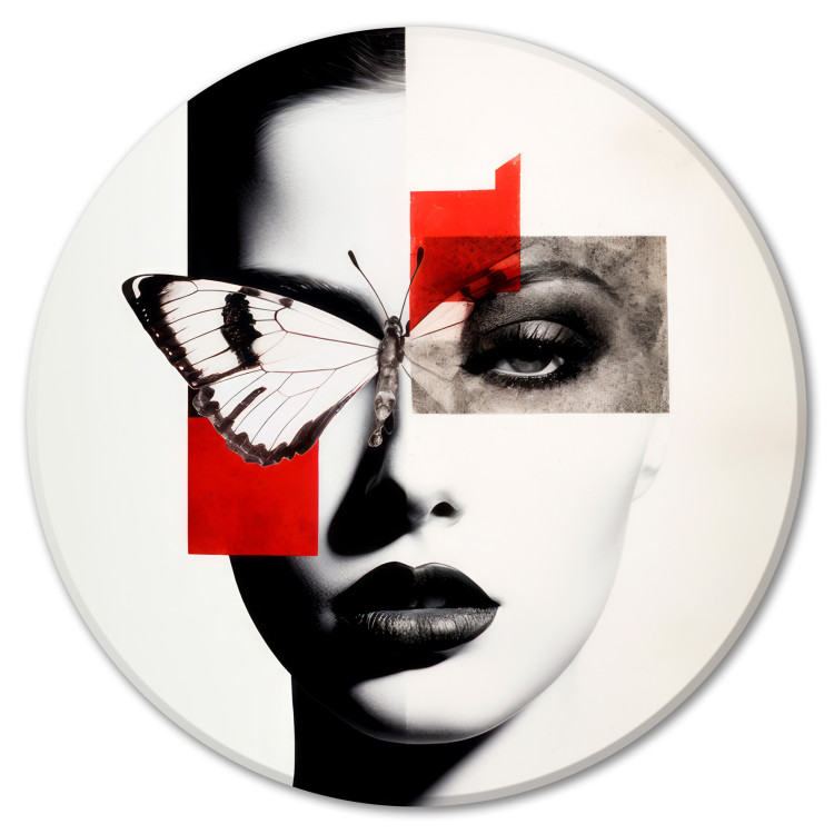 Round Canvas Queens of the Night - Black and White Portrait of a Woman With a Moth With Red Accents 151597
