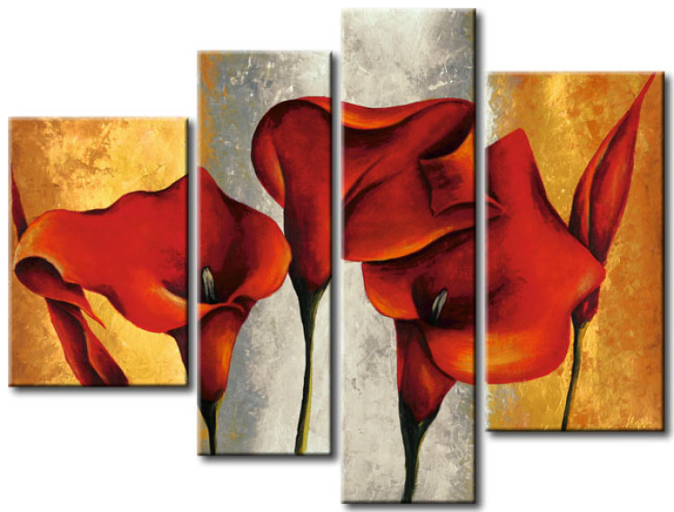 Canvas Art Print Red Poppies (1-piece) - floral motif with gold and silver background 46597