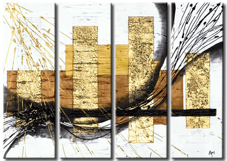 Canvas Print Abstraction (4-piece) - Golden geometric figures with a black ribbon 47697