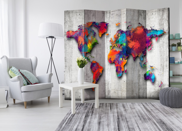 Room Divider Screen Concrete World - world map with colorful continents and concrete background 95297 additionalImage 4