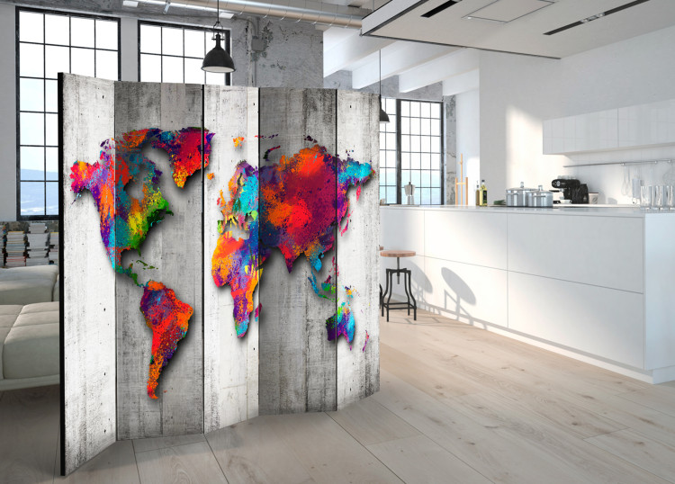 Room Divider Screen Concrete World - world map with colorful continents and concrete background 95297 additionalImage 2