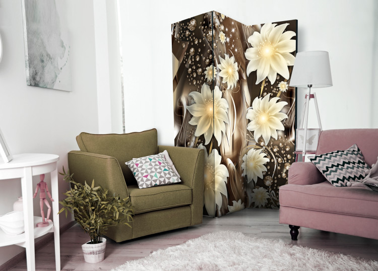 Room Divider Depth of Bronze - white flowers against the glow of brown abstract waves 95397 additionalImage 2