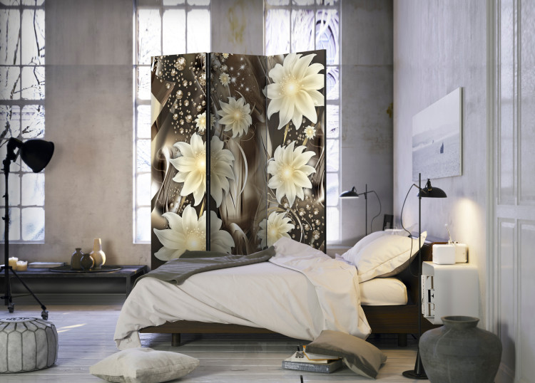 Room Divider Depth of Bronze - white flowers against the glow of brown abstract waves 95397 additionalImage 4