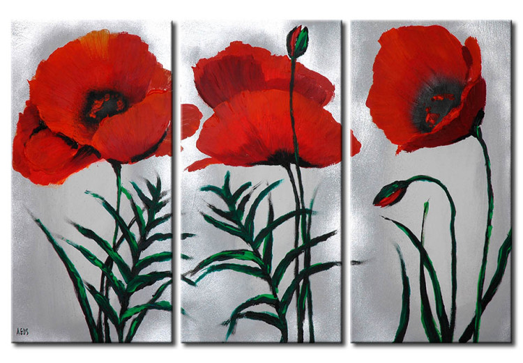 Canvas Art Print Amaranth Poppies - Hand-painted Red Flowers on Grey Setting 97597