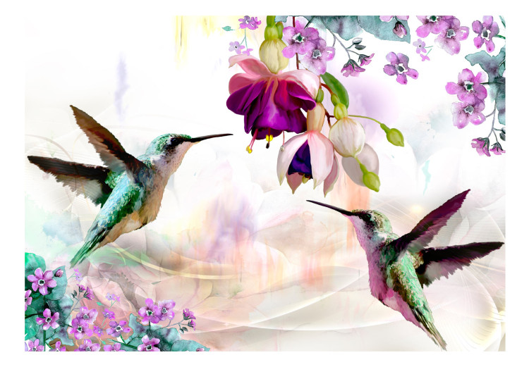 Photo Wallpaper Hummingbirds - birds on a background of colourful flowers in shades of purple and pink 106708 additionalImage 1