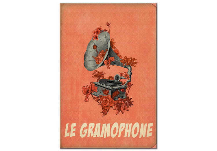 Canvas Print Grey gramophone with flowers - musical theme with a French inscription 123608