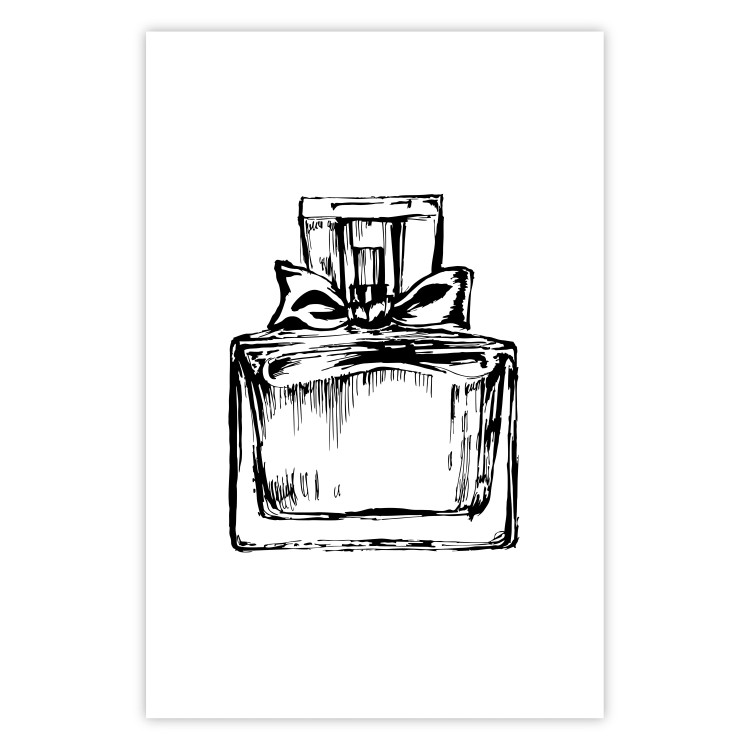 Poster Scent of Luxury - black and white pattern of a glass perfume bottle with a ribbon 125108