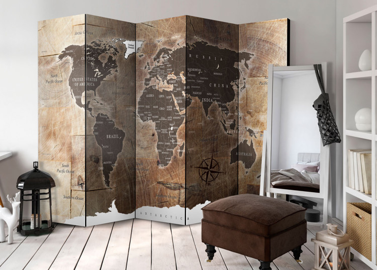 Room Divider Screen World Map on Wood (5-piece) - continents in shades of brown 128808 additionalImage 4