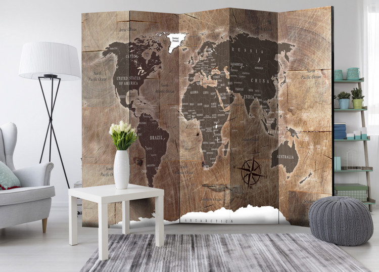 Room Divider Screen World Map on Wood (5-piece) - continents in shades of brown 128808 additionalImage 2