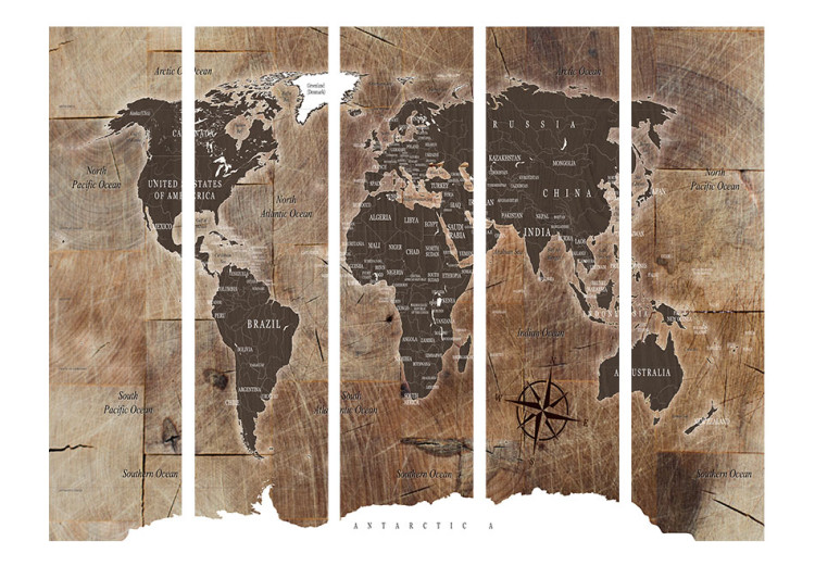 Room Divider Screen World Map on Wood (5-piece) - continents in shades of brown 128808 additionalImage 3
