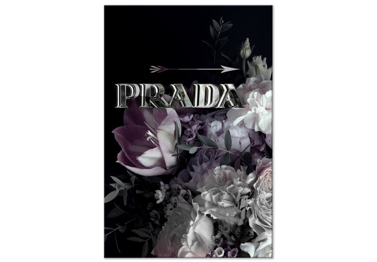 Canvas Art Print Prada in Flowers (1-piece) Vertical - gray inscription on a background of flowers 131608