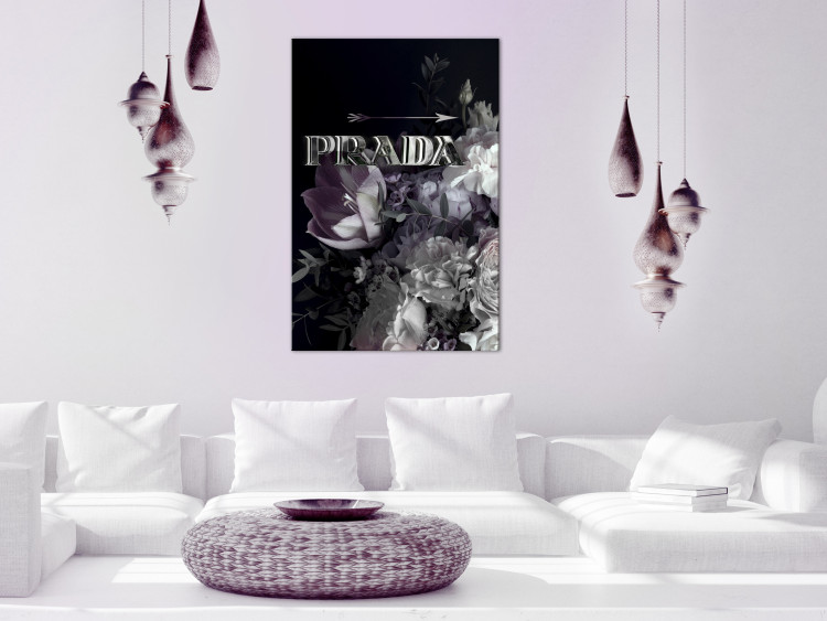 Canvas Art Print Prada in Flowers (1-piece) Vertical - gray inscription on a background of flowers 131608 additionalImage 3