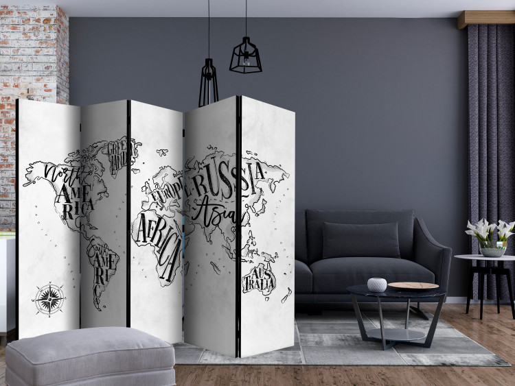 Room Divider Retro Continents (Gray) II (5-piece) - black and white world map 132708 additionalImage 4