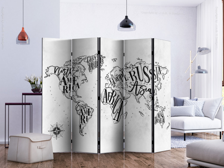 Room Divider Retro Continents (Gray) II (5-piece) - black and white world map 132708 additionalImage 2