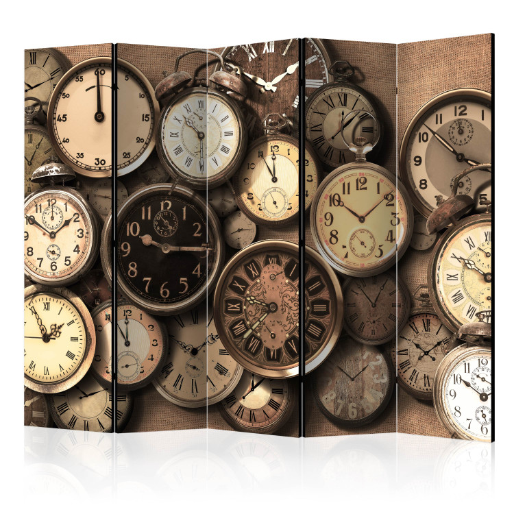 Room Divider Screen Old Clocks II (5-piece) - retro composition in shades of brown 132808