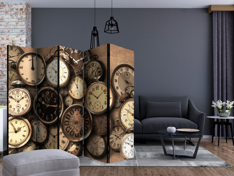 Room Divider Screen Old Clocks II (5-piece) - retro composition in shades of brown 132808 additionalImage 4