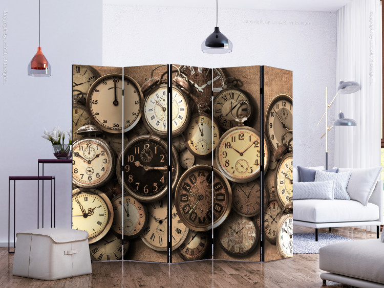 Room Divider Screen Old Clocks II (5-piece) - retro composition in shades of brown 132808 additionalImage 2