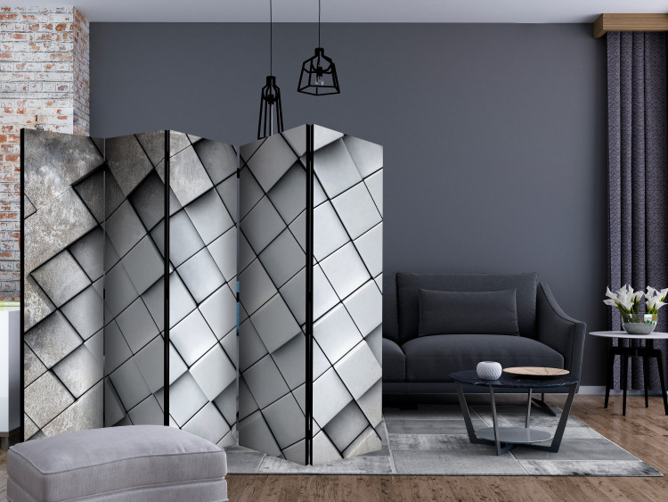 Folding Screen Gray 3D Background II (5-piece) - geometric composition in tiles 133008 additionalImage 4