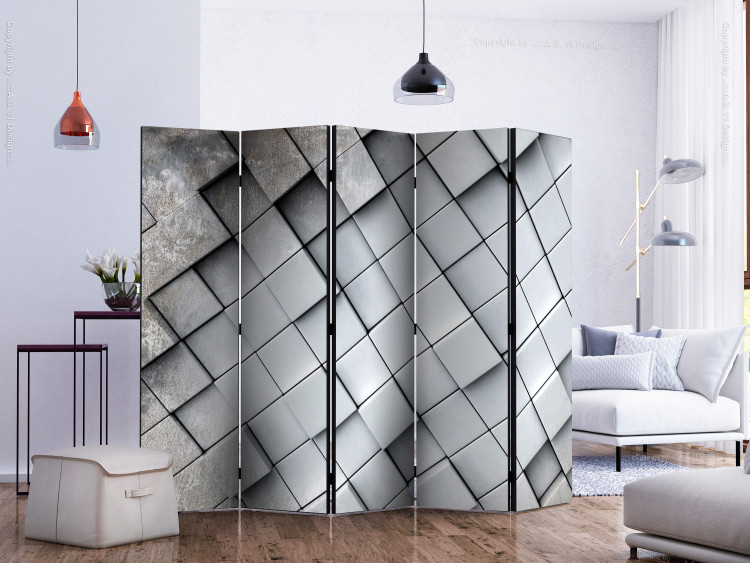Folding Screen Gray 3D Background II (5-piece) - geometric composition in tiles 133008 additionalImage 2