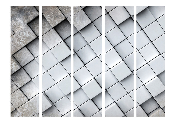 Folding Screen Gray 3D Background II (5-piece) - geometric composition in tiles 133008 additionalImage 3