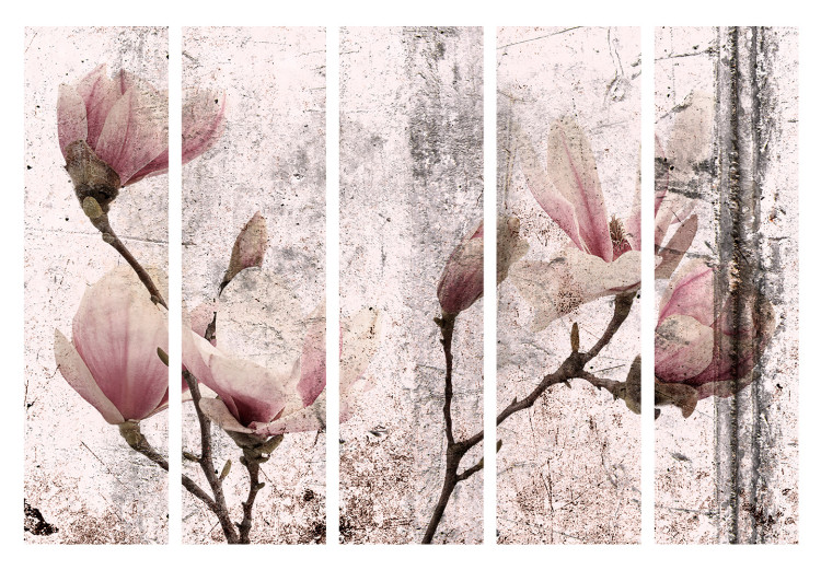 Room Divider Magnolia Curtain II (5-piece) - distressed background and pink flowers 134308 additionalImage 7