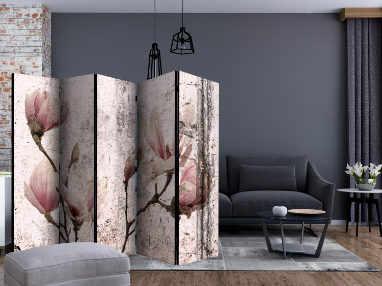 Room Divider Magnolia Curtain II (5-piece) - distressed background and pink flowers 134308 additionalImage 4